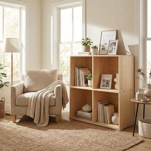 Gdrasuya10 4 Cube Storage Organizer, 3 Tier Modern Wooden Bookcase, Solid Wood Cube Storage Bookshelf Open Book Display Case for Bedroom and Home Office, 23.6" W x 11.8" H - size: 4 Cubes