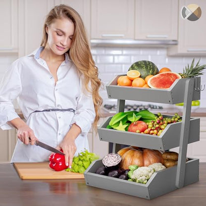 Hellojin Gray Bamboo 3 Tier Fruit Basket for Counter with Banana Hangers | Wooden Tiered Organizer, Protective Mats, Large Capacity, Versatile Holder for Bread, Snacks, Veggies, Onion and Potato - color: Grey-3 tier