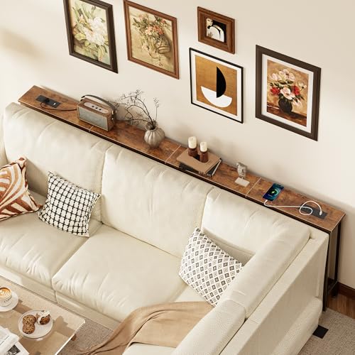 SUPERJARE 94.5 inch Narrow Console Table with Outlet, Sofa Tables, Behind Couch Table, Long Entryway Tables with Charging Station, for Living Room, Rustic Brown - color: Rustic Brown, size: 5.9''D x 94.5''W x 29.7''H