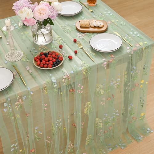 Horaldaily Embroidery Flower Green Tablecloth 52×70 Inch Rectangular | Spring Summer Gauze Tablecloth, Seasonal Tulle Table Cover, Garden Party Decor, Resuable,Washable - color: Green, size: 52" x 70" (Rectangular)