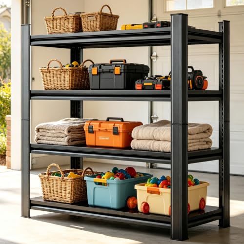 16" D Metal Garage Shelving, 45" W Standing Heavy Duty Storage Shelves, 4 Tier Adjustable Steel Storage Racks for Basement, Industrial, Shop, Pantry, Warehouse, Kitchen, Black - size: 4 Tier 45.3" W x 15.8" D x 54.3" H