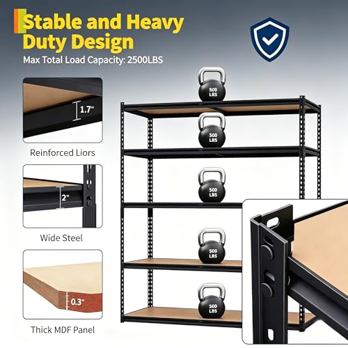 Heavy Duty Garage Storage Shelves, 5-Tier Metal Adjustable Shelving Unit, Storage Shelving with 2500 LBS Capacity for Kitchen Pantry Basement Bathroom Laundry, 30" l x 12" w x 60" h - size: 30" L x 12" W x 60" H