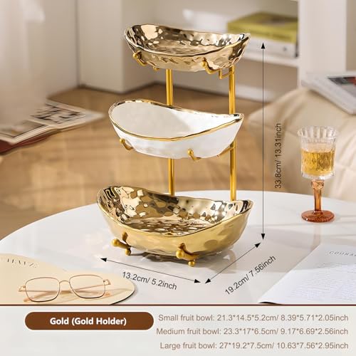 YYW 3 Tier Fruit Bowl for Kitchen Counter, White Gold Silver Ceramic Fruit Stand for Countertop, Home Fruit Rack with Metal Holder, Vegetable Snacks Nuts Bread Candy Storage (Gold (Gold Holder)) - color: Gold (Gold Holder)