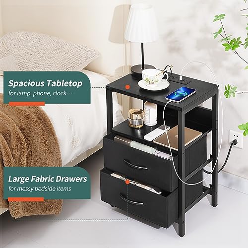 Yoobure Nightstand with Charging Station, LED Night Stand with Fabric Drawers and Storage Shelf for Bedroom, Nightstands Bedside Tables with USB Ports & Outlets, Small Night Stands, Bed Side Table - color: Black