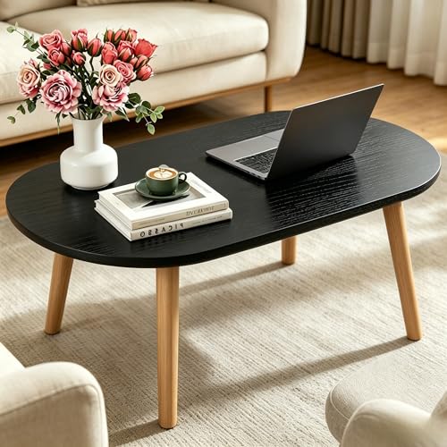 Coffee Table, 31.5" Modern Low Table with Solid Wood Legs, Floor Table Desk for Sitting on The Floor, Easy Assembly Small Space Coffee Table for Living Room, Apartment, Office (Large Black) - color: 31.5"l Oval Black