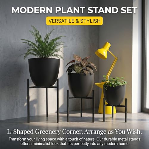 3-Pack Metal Plant Stands Indoor, Adjustable Flower Pot Holder Set, Modern Plant Shelf for Living Room Balcony Patio Office Corner (Fits 8-12 Inch Pots)