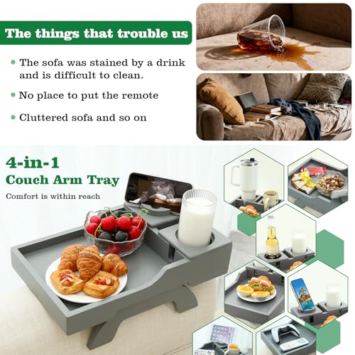GHKINMAL Couch Cup Holder, 4-in-1 Side Couch Arm Tray with Phone Holder, Sofa Clip on Side Table for Wide Couches Arm, Suitable for Home Drinks/Remote/Snacks-Grey - color: Gray