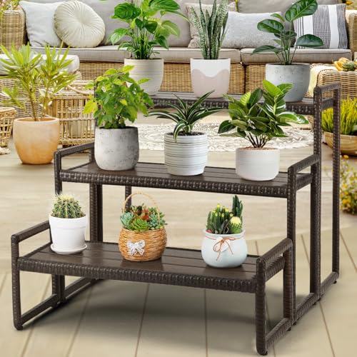 Outdoor Plant Stand 3 Tier Shelf for Patio Flower Pot Planter Stand Holder with Wicker Poly Lumber Shelves Multiple Tall Tiered Plant Display Rack with Adjustable Feet Heavy Duty Stackable Brown