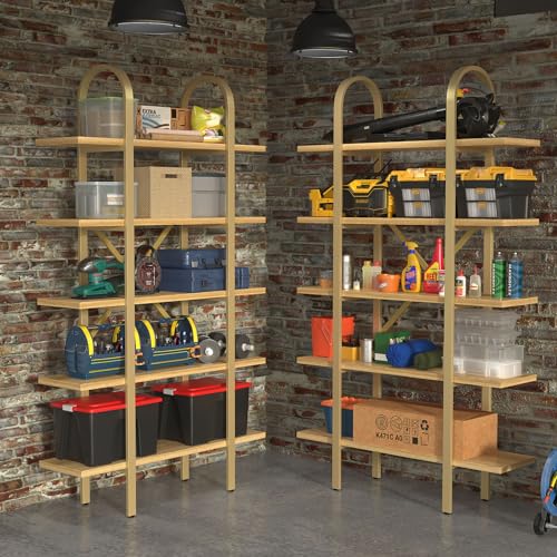 Wide Bookshelf Arched Bookcase, Industrial 5 Tier Open Book Shelves with Metal Frame, 72" Tall Freestanding Heavy Duty Display Rack for Home Office, Living Room,Nature Wood & Gold,Easy Assembly - color: Nature Wood & Gold, size: 5 Tier Arched Wide
