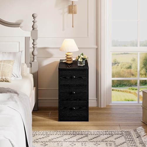 LIKIMIO Nightstand with Charging Station, 3 Drawers Modern for Bedroom - color: Black