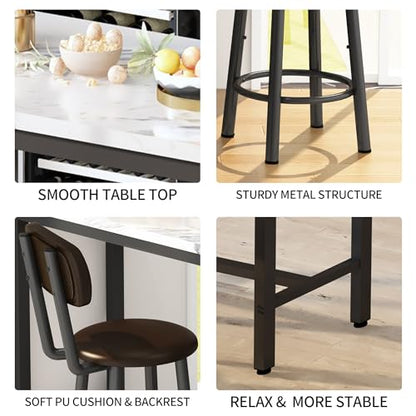 AWQM 3 Piece Bar Table Set of 2,39.3" Pub Bar Table and Chairs Set,Faux Marble Bar Height Table with 2 Backrest Stools,Small Dining Table for 2,Kitchen Table Set for Small Space,White & Brown - color: White & Black & Brown
