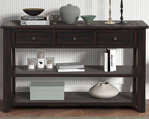 LKTART 48.8" Solid Wood Console Table for Entryway;Sofa Table with Storage | Distressed Black Real Wood Farmhouse Console Table with Drawers;Entry Way Table for Living Room,Foyer,Hallway;Easy Assembled - color: Black Espresso