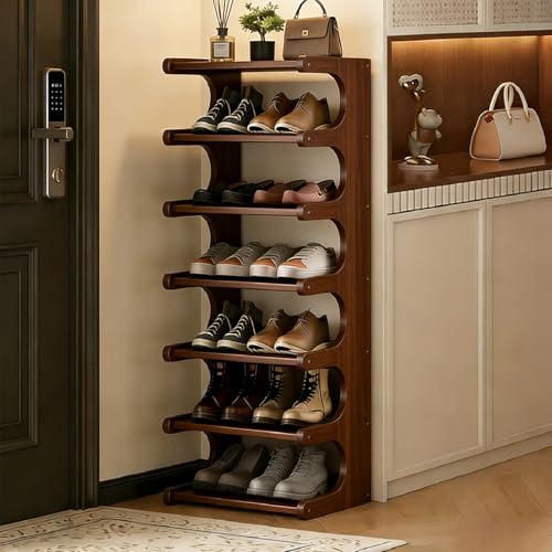 39" Bamboo Shoe Rack - Vertical Shoe Organizer Rack for Small Space, Narrow Shoe Tower for Closet, Entryway, Corner, Tall Shoe Shelf with Removable Shelves, Flexible Storage Shelf for Saving Space - color: Walnut - Brown