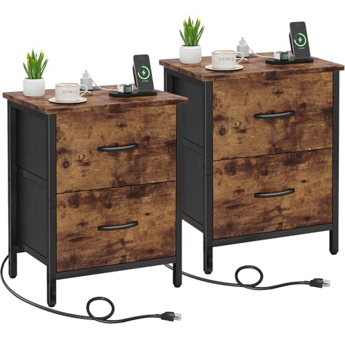 Vagusicc Nightstand Set of 2 with Charging Station, End Table Bedside Table with Power Outlet & USB Ports, Side Table with 2 Fabric Drawers for Bedroom, Living Room, Rustic Brown - color: Rustic Brown (2 Pack)