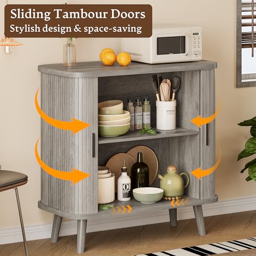 Sideboard Buffet Cabinet with Sliding Door, 31.5" Wide Fluted Modern Accent Storage Cabinet with Adjustable Shelves, Wood Coffee Bar Buffet Console Table for Kitchen, Dining Room, Living Room, Grey - color: Grey