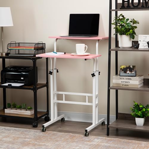 Mind Reader Standing Desk, Adjustable Height Laptop Workstation, Portable Rolling Desk on Wheels, Two-Tier Metal Frame, Pink - color: Pink