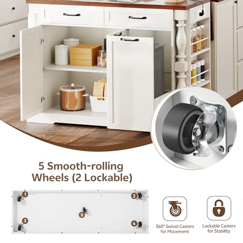 Roman Style Kitchen Island with Power Outlet & Trash Cabinet, | 47.6" Rolling Kitchen Island with Drop Leaf Tabletop, Kitchen Cart with Spice Rack & Drawers & Cabinets Coffee Bar Station