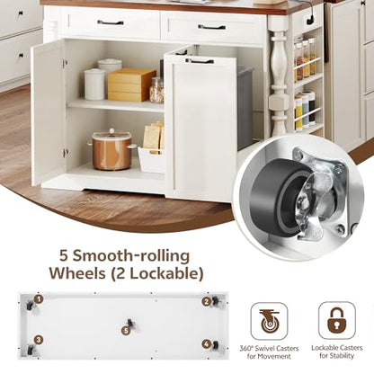 Roman Style Kitchen Island with Power Outlet & Trash Cabinet, | 47.6" Rolling Kitchen Island with Drop Leaf Tabletop, Kitchen Cart with Spice Rack & Drawers & Cabinets Coffee Bar Station