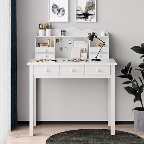 ADORNEVE White Home Office Desk with 7 Drawers and Hutch | Writing Desk, Student Desk Study Table, Small White Desks, Solid Pine Wood Legs - color: White, size: 36.2*19inch