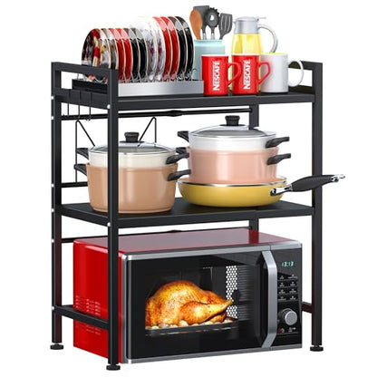 PUSDON 3-Tier Expandable Microwave Oven Rack, Countertop Baker's Rack Style Shelf, Heavy Duty Adjustable Standing Shelf with Hooks, 160lbs Capacity Kitchen Space Saver, Matte Black - color: Matte Black, size: H-frame 3 tier