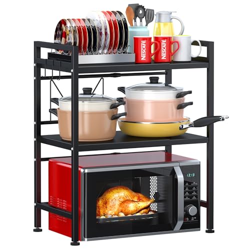 PUSDON 3-Tier Expandable Microwave Oven Rack, Countertop Baker's Rack Style Shelf, Heavy Duty Adjustable Standing Shelf with Hooks, 160lbs Capacity Kitchen Space Saver, Matte Black - color: Matte Black, size: H-frame 3 tier