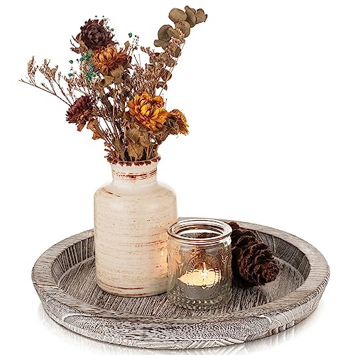 Wooden Decorative Tray Candle Holder: Romadedi Round Wood Tray Home Decor, Whitewash Rustic Trays for Farmhouse Dinning Table Kitchen Countertop Coffee Table Wedding Centerpiece, 11inch, Size L - color: Whitewashed