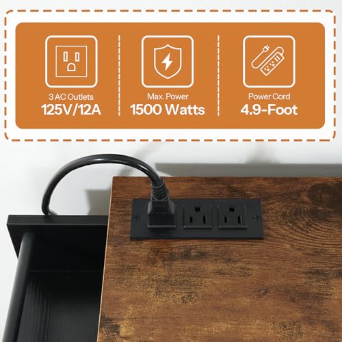 HOOBRO Kitchen Island with Trash Can Storage, Rolling Kitchen Island on Wheels, Mobile Island Cart with Power Outlet, Islands Table for 10 Gallon Garbage Bin, Rustic Brown and Black BF80UZD01G1 - color: Rustic Brown + Black