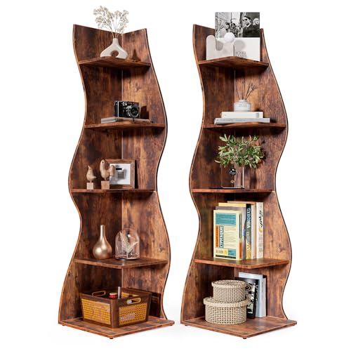 LITTLE TREE 70-Inch Corner Shelf, Seaweed Shaped Etagere Display Bookshelf, Freestanding 5-Tier Wall Shelves for Small Spaces, Living Room, Bedroom, Rustic, 2 Pack - color: Rustic, size: 2 Pack