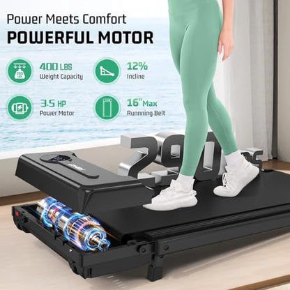 FUNMILY Upgrade Walking Pad Folding Treadmill with 12%/15% Incline & Handle Bar, 3.5HP Foldable Under Desk Compact Treadmills for Home/Office/Gym, 400+lb Capacity, Shock Absorption - color: Gloss Black
