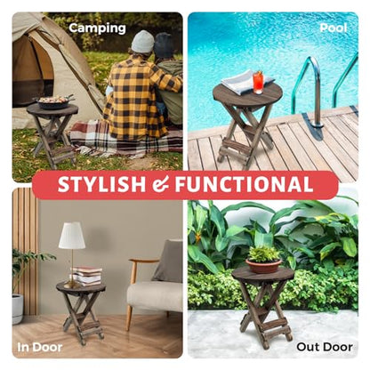 Small Patio Table, Outdoor Folding Side Table, Portable Accent Coffee End Table, Wood Top for Living Room, Bedroom (Round - Walnut-Set of 2)