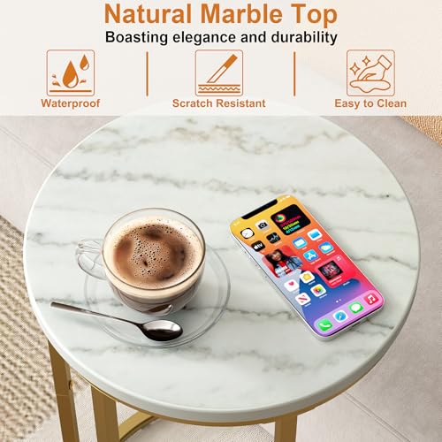Function Home C Table End Table, Marble C Shaped Sofa Side Table, Couch Tables that Slide Under, Snack Accent Table for Living Room Bedroom Small Space, Marble Top and Gold Metal Frame - color: Round Gold