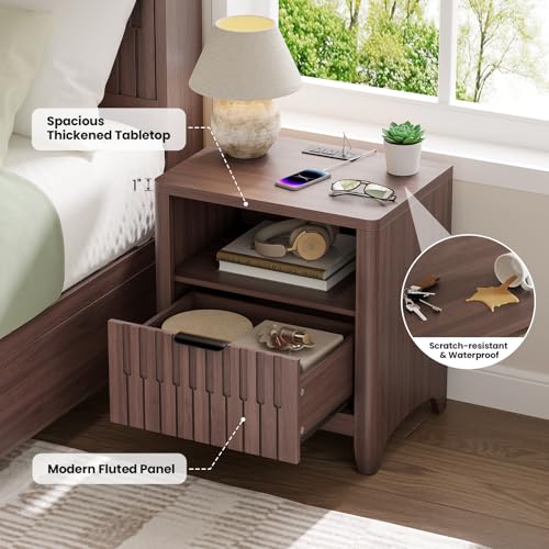 Fluted Nightstand with Charging Station, 21" Wide Modern Bedside Table with Storage Drawer, Wide Open Shelf & Curved Corner, Mid Century Night Stand End Side Table for Bedroom, Walnut