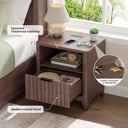 Fluted Nightstand with Charging Station, 21" Wide Modern Bedside Table with Storage Drawer, Wide Open Shelf & Curved Corner, Mid Century Night Stand End Side Table for Bedroom, Walnut