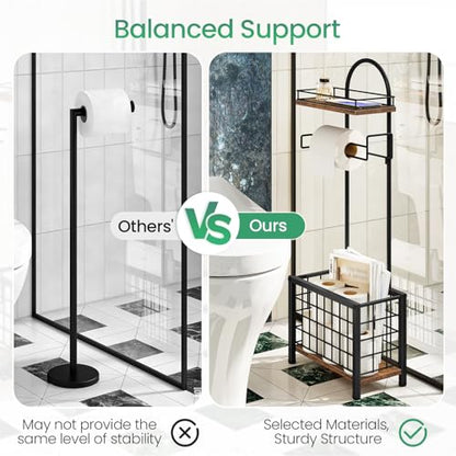 Toilet Paper Holder Stand, Freestanding Toilet Paper Holder with Shelf & Basket, Bathroom Tissue Organizer for Small Space, 3-Tier Storage for Bath Toilet Office Rustic Brown and Black TTS70BF