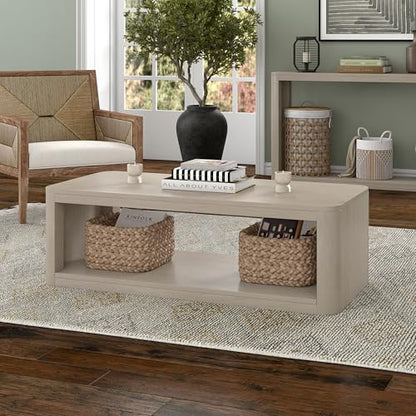 Henn&Hart 47" Rectangular Low-Profile Coffee Table with Open Storage Shelf for Living Room, Family Room, or Office, Beech White - color: Beech White