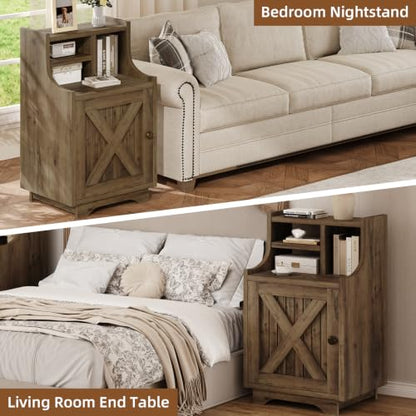 4ever2buy Oak Nightstand with Storage, 30" Tall Night Stand with Hutch | Farmhouse Tall Bedside Table End Table for Bedroom Living Room Sofa Office, Oak - color: Oak