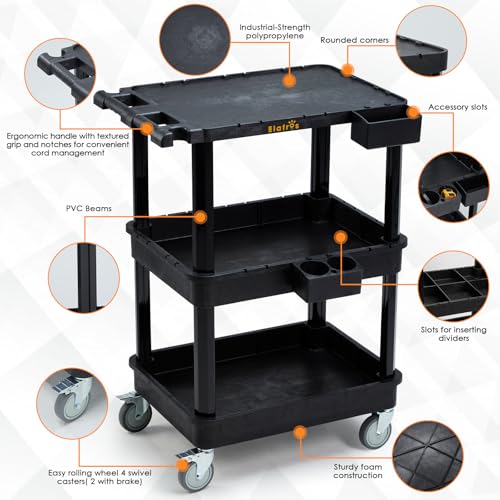 ELAFROS 3-Tier Flat Top & Deep Tub Rolling Utility Cart, 27.5 x 18.25 in | 330 lbs Capacity, Heavy Duty Plastic, 4-Inch Wheels, Service Cart, Work Cart, Storage Organizer, Office Workshop Warehouse