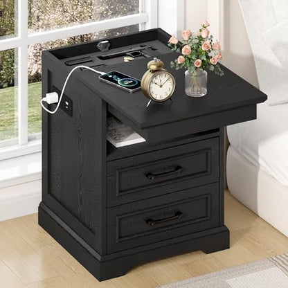 18" Farmhouse Accent Nightstand with Charging Station, Black | End Table with 3 Drawers Storage, Side Table, Bedside Cabinet for LivingRoom Bedroom Office - color: Black