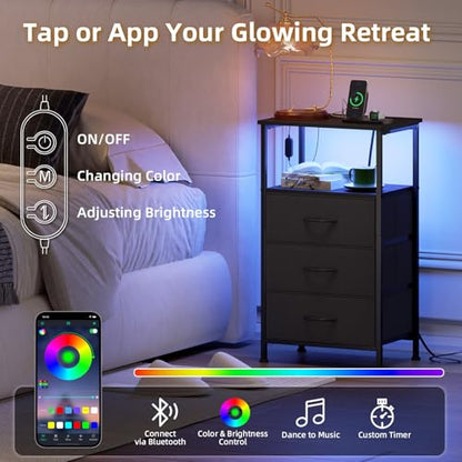 Somdot Nightstands Set of 2 with 3 Drawers, Charging Station & LED Light | Open-Shelf End Tables for Bedside, Small Spaces, Bedroom, Entryway and Hallway, Black - color: Black, size: 11.8"D x 15.7"W x 28.3"H (3 Drawers)