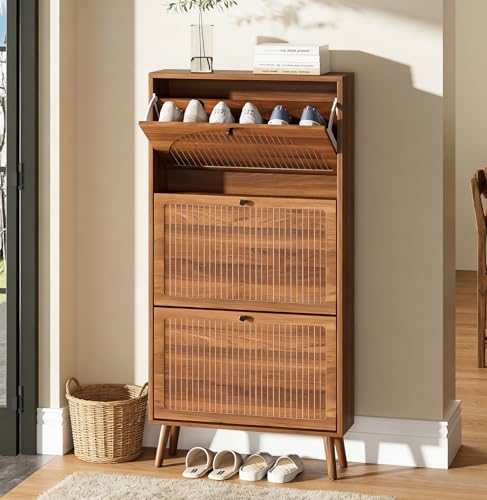 Fsbecl Shoe Storage Cabinet for Entryway with 3 Flip Drawers, Narrow Shoe Organizer with Fluted Panel, Freestanding Wood Hidden Shoe Cabinet for Hallway(Walnut, 23.6''W, Single Layer) - color: Walnut, 23.6''w, size: 3 Drawers Single Layer