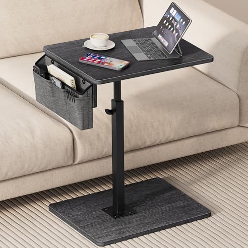 Sofa Armrest Tray Table for Couch, 360° Swivel Height Adjustable TV Tray Table for Small Spaces, Snack Side Table for Couch, Bed, Chair, C Shaped End Side Table for Eating, Reading, Laptop - color: Gray Walnut, style: With Storage Bag