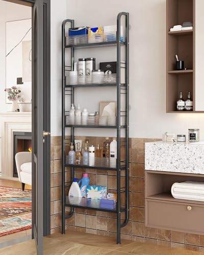 UMDONX Narrow 5-Tier Behind the Door Storage Rack for Bathroom | Slim, Space-Saving Storage Rack for Tight Spaces, Suitable for Kitchen, Closet, Laundry Room - color: Black