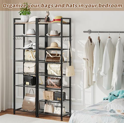 Simple Trending 8 Tiers Shoe Rack 16 Pairs Tall Wooden Plank Shoe Shelf with Hooks for Closet Entryway Organizer Sturdy Free Standing Shoe Storage Cabinet，Black - size: 8 Tiers