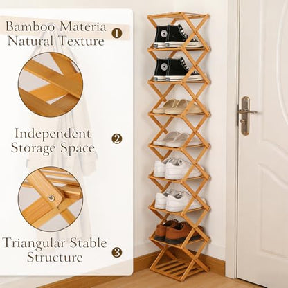 Foldable Shoe Rack, Tier No-Assembly Bamboo Rack, 2026 New Portable Bamboo Corner Shoe Rack, Multifunctional Narrow Shoe Shelf for Entryway, Closet, Corner, Bedroom (2 Layers)