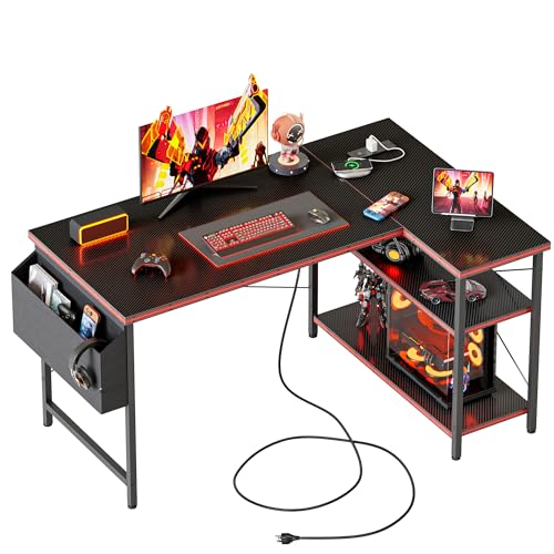 Mericonia Small L Shaped Computer Desk with Power Outlets, Reversible Gaming Desk with Storage Shelves, Corner Gamer Desk Table, Study Writing Table - color: Carbon Fiber, size: 47 inch