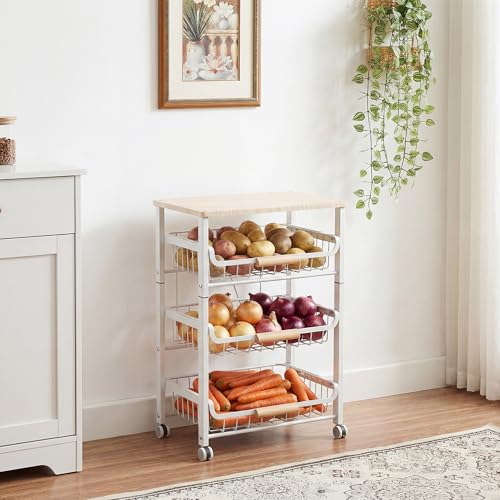 JAQ Slide Out Fruit Vegetable Basket for Kitchen, 4-Tier Rolling Storage Cart with Wooden Handle & Top, Metal Wire Produce Rack for Pantry Organization, Onion Potato Storage Bins for Small Space,White - color: 4-tier/White