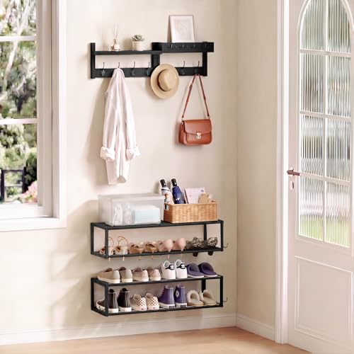 4 Pack Wall Mounted Coat and Shoe Rack Entryway, Space Saving Storage Bench for Entryway，Wall Coat Rack with Hooks, Adjustable Hanging Shoe Rack (Hold 12 Pairs), for Hallway, Entryway, Black - size: shoe and coat rack