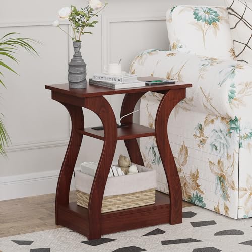 FROMJBEST End Tables Living Room, Cherry End Table with Charging Station, Nightstand for Bedroom, 3 Tier End Table with Storage Shelf for Living Room(Cherry) - color: Cherry