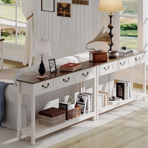 ChooChoo Farmhouse Console Table with 3 Drawers, Rustic Entryway Table, Narrow Long Sofa Table for Living Room, Hallway, Behind Couch, Soft White and Brown - color: Soft White and Brown, size: 11.81"D x 53.1"W x 31.3"H