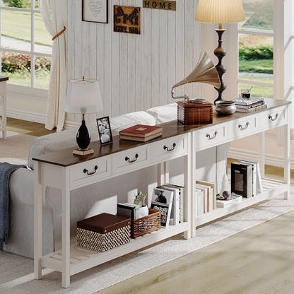 ChooChoo Farmhouse Console Table with 3 Drawers, Rustic Entryway Table, Narrow Long Sofa Table for Living Room, Hallway, Behind Couch, Soft White and Brown - color: Soft White and Brown, size: 11.81"D x 53.1"W x 31.3"H